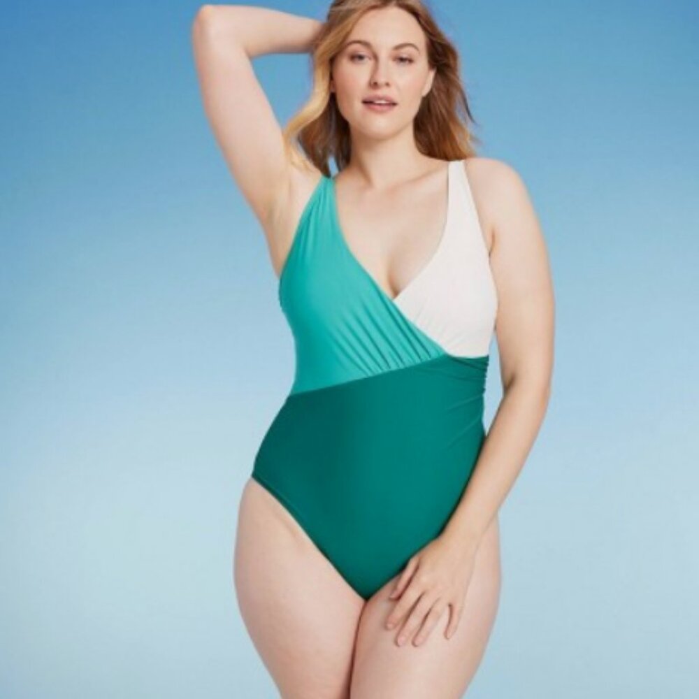 Front Wrap Colorblock Full Coverage One Piece Swimsuit - Shade & Shore Teal S - Picture 3 of 8